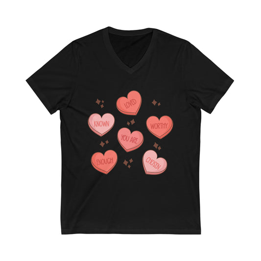 Valentines Loved, Worthy, Enough Conversation Hearts Unisex Vneck Tee